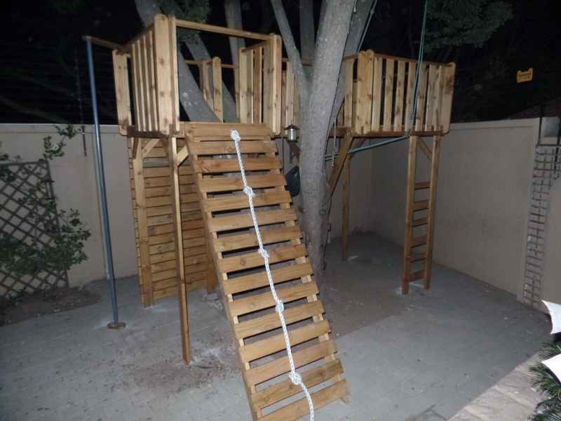 14 - Wooden Platforms with Ramp with Rope, FirePole, Ladder, and Climbing wall.